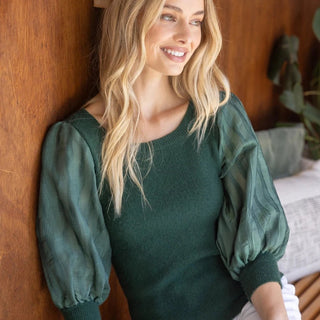 Pleated Puff Sleeve Round Neck Knit Top in Hunter Green - Elle J. Boutique - Voy