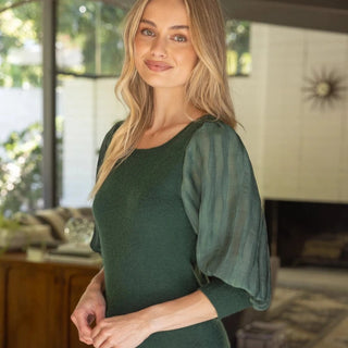 Pleated Puff Sleeve Round Neck Knit Top in Hunter Green - Elle J. Boutique - Voy